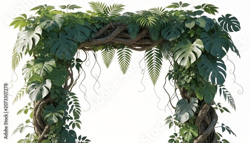 Tropical jungle leaves frame with hanging vines