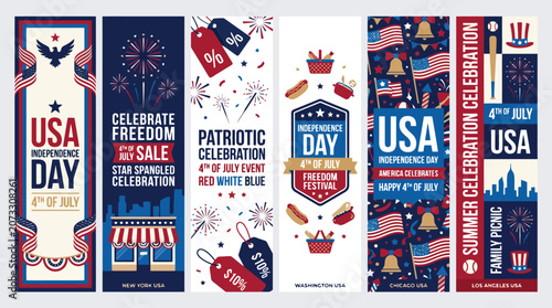 Patriotic USA Independence Day vertical banner set, 4th of July sale and celebration web headers, red white and blue American holiday vector graphics