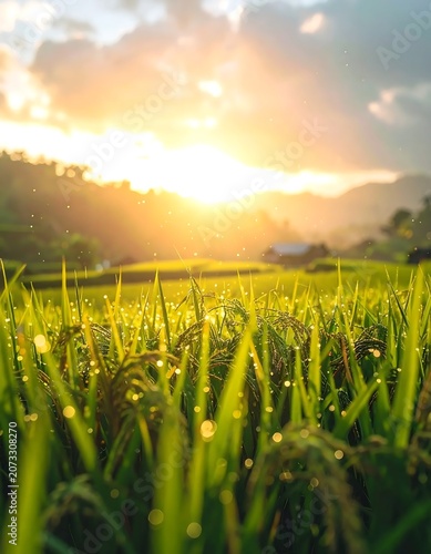 beautiful green grass with sunrise background.