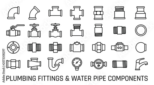 Concise Collection of Plumbing Fittings and Water Pipe Components Outline on an isolated white background