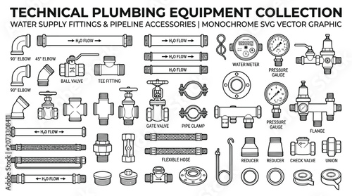 Technical Plumbing Equipment Collection Water Supply Fittings and Pipeline Accessories Outline on an isolated white background