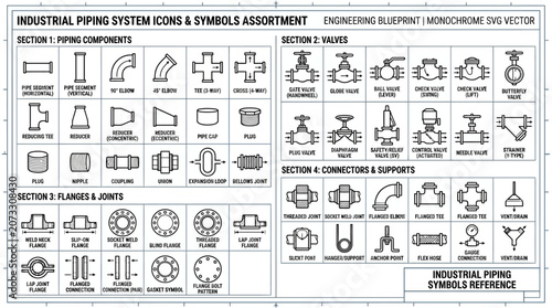Industrial Piping System Icons and Symbols Assortment Blueprint in Monochrome SVG Vector on an isolated white background