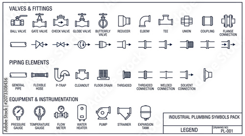 Industrial Plumbing Symbols Pack with Valves, Fittings, Piping Elements, Equipment and Instrumentation Outline on an isolated white background