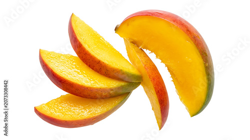 Fresh mango slices with vibrant yellow and red flesh isolated on a transparent background