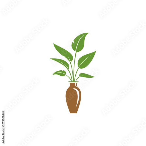 A clean, stylized vector illustration of a lush green plant housed in a classic brown vase, representing interior design, nature, gardening, or wellness.