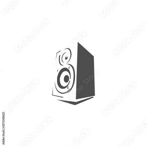 A clean, stylized vector illustration of a studio monitor or loudspeaker, designed with a dynamic perspective to convey high-fidelity sound and audio equipment.