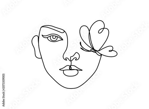 Billede på lærred feminine woman face with butterfly one line art.