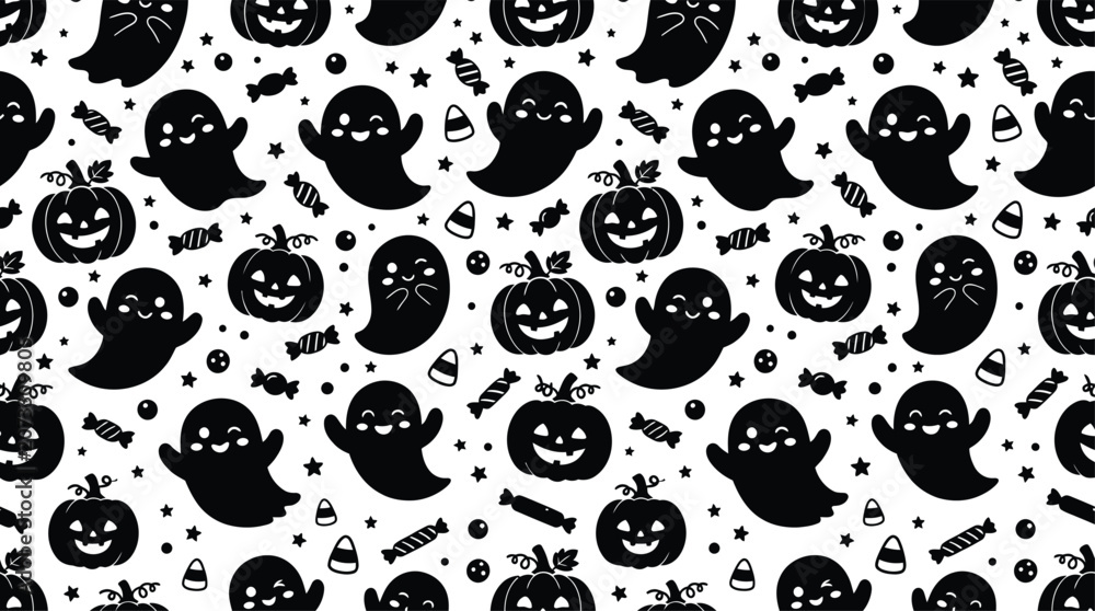 Fototapeta premium Black and white halloween pattern with ghosts pumpkins and candy