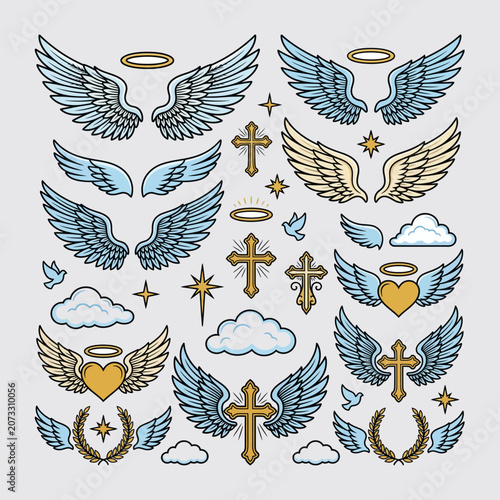 Angel Wings, Crosses, Halos and Hearts Vector Set With Clouds and Religious Symbols