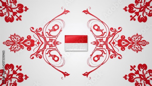 Red and White Decorative Wall Art with Ornate Flourishes and Central Flag