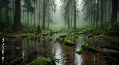 Reflection of birch trees in calm forest water