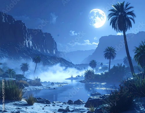 Moonlit desert landscape with palm trees.