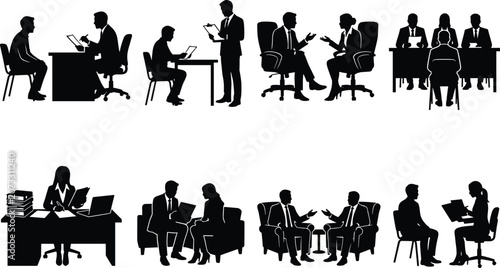 Office interaction silhouettes with meetings, consultations, and teamwork activities
