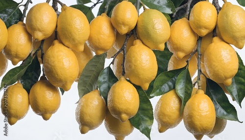 Fresh yellow lemons hanging on a green tree branch