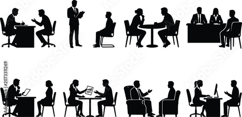 Professional interaction silhouettes with meetings, interviews, and consultations