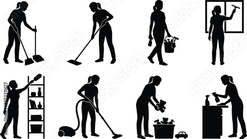 Black Silhouette Icons of Household Cleaning Activities
