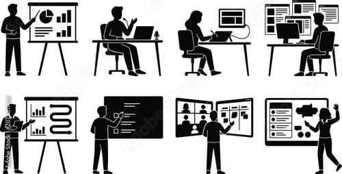 Black Silhouette Icons of Office Work, Data Analysis, and Digital Collaboration