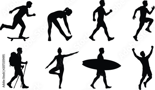 Black Silhouette Icons of Sports, Fitness, and Outdoor Activities