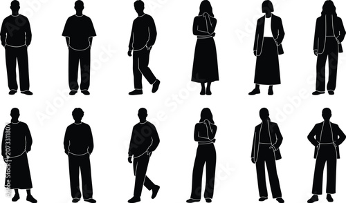 Standing silhouettes with diverse clothing styles and casual postures