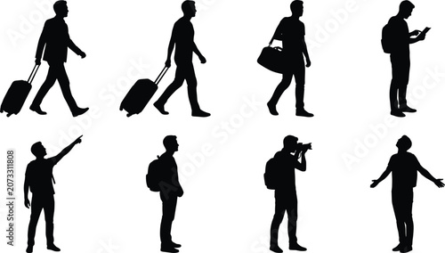 Travel silhouettes with luggage, backpack, map, and photography poses