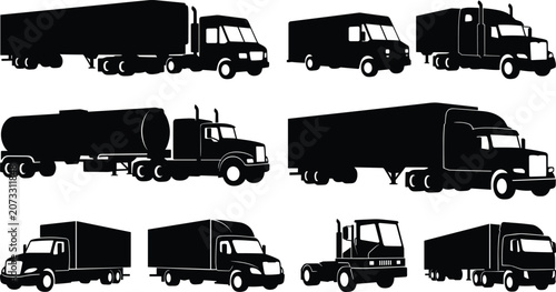Truck silhouettes with semi‑trailers, box trucks, tankers, and delivery vans