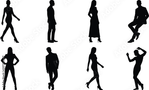 Silhouettes of walking, standing, sitting, and dancing poses