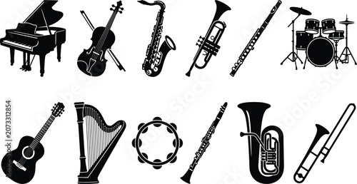 Photography Musical instruments vector silhouette icon set with piano violin saxophone trump