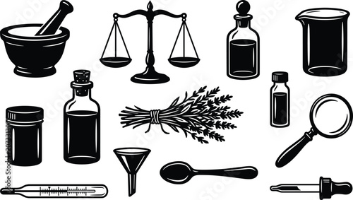 Photos Vintage apothecary and pharmacy vector icon set with mortar pestle scale bottles