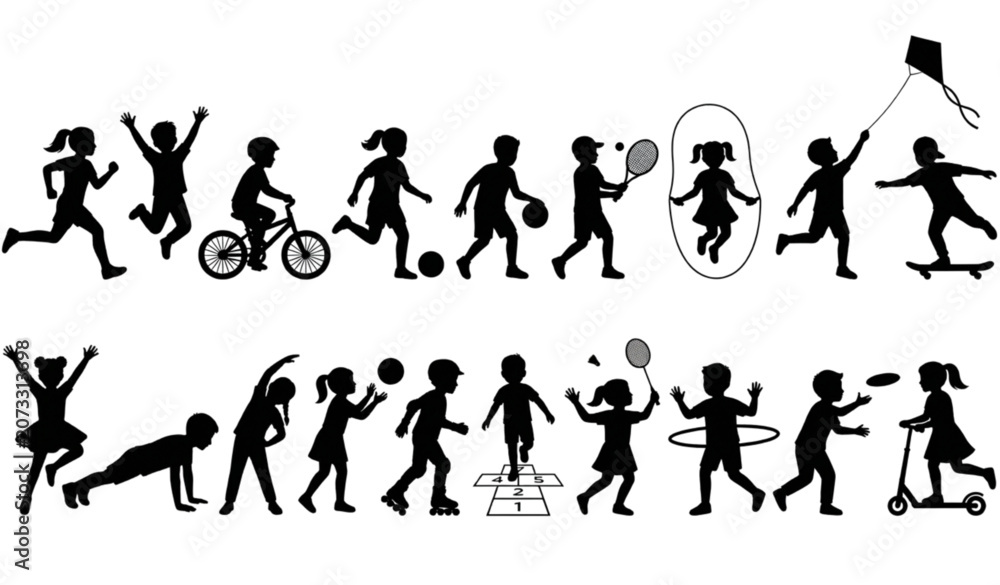 Obraz premium Black Silhouette Kids Outdoor Activities and Sports Row Collection Isolated on White Background Vector Set
