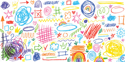 Фотография Set of colorful hand drawn doodles and abstract shapes created with wax crayons
