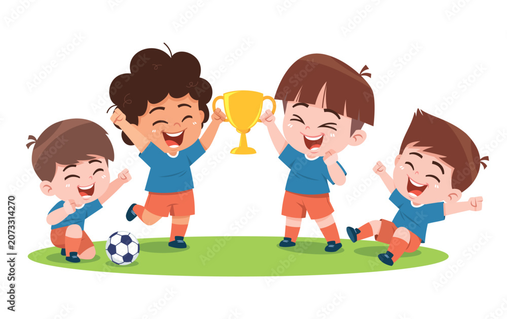Naklejka premium Happy Children Celebrating Soccer Championship Trophy and Team Victory Illustration