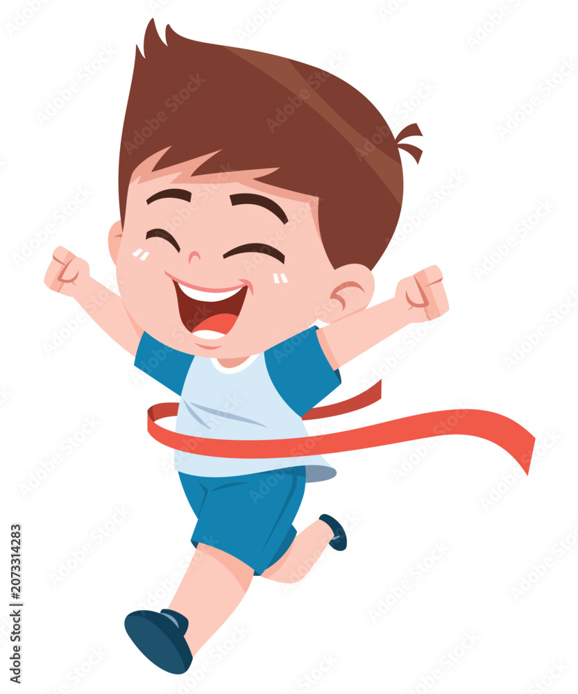 Naklejka premium Happy Child Crossing Finish Line Winning Race and Achievement Illustration