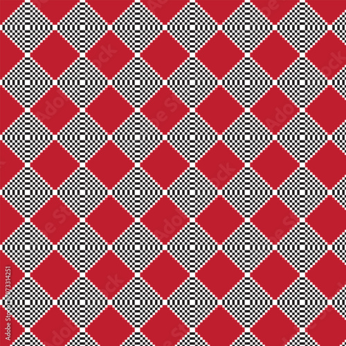 Seamless Red and Black Checkerboard Harlequin Pattern with Optical Illusion Diamonds.