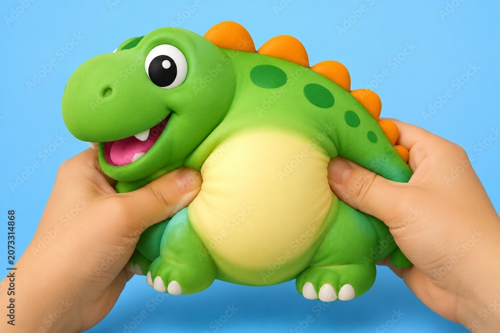 Fototapeta premium Soft toy dinosaur being squeezed, body bulging out comically.