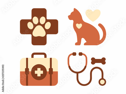 Veterinary icons set including a paw print cross cat with heart first aid kit and stethoscope flat design for animal care and medical concepts
