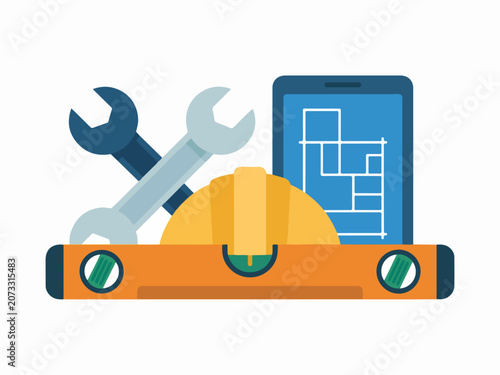 Construction tools and blueprint on tablet representing building planning and engineering flat vector illustration for industry concepts