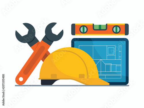 Construction tools and blueprint flat vector illustration of safety helmet wrenches and level tool for building industry and architecture projects