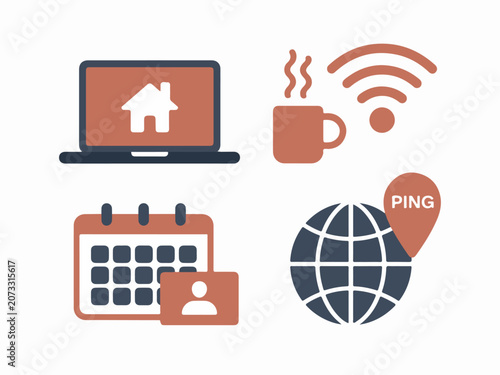 Set of four flat design icons for remote work and connectivity including laptop with house coffee cup with Wi-Fi calendar with contact card and globe with location pin isolated on white