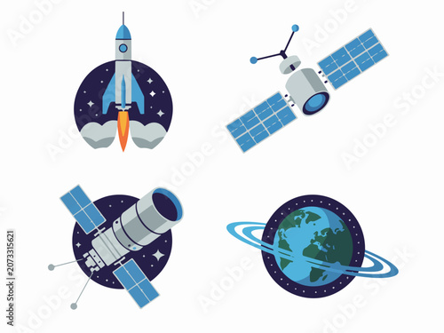 Space exploration icons including rocket launch satellite telescope and planet Earth with rings flat vector illustrations for science and technology concepts