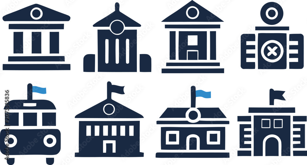 Fototapeta premium Vector icons of various buildings and a bus on white background
