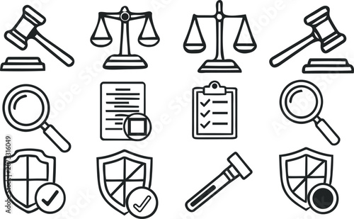 Schilderij op canvas Set of law and justice icons including scales, gavel, magnifying glass, and shie
