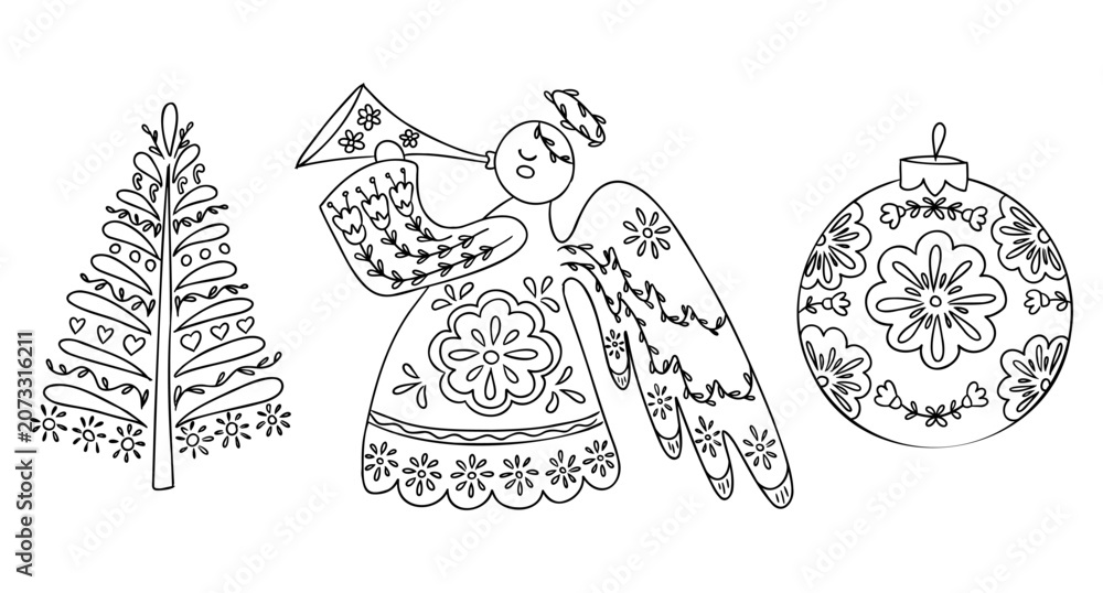 Naklejka premium Black and white illustration of a Christmas tree, an angel playing a trumpet, and a decorative ornament with floral patterns, suitable for holiday-themed designs
