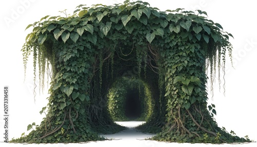 Stone tunnel entrance covered in green ivy vines
