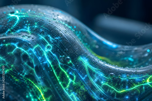 Macro View of Tactile Transparent Screen with Flowing Biolumines