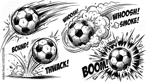 Foto Soccer balls kicking and exploding with comic effects