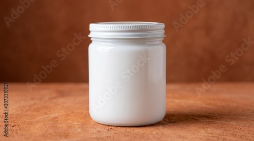 A white plastic jar with a screw-on lid sits on a brown surface against a brown background.