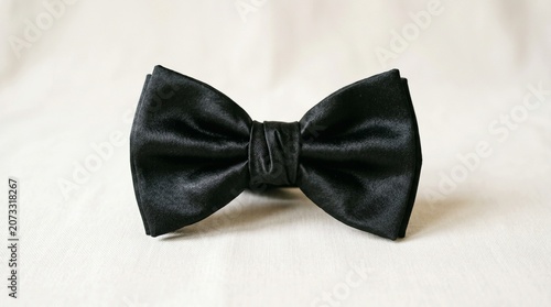 Elegant black silk bow tie resting on a neutral textured background for formal menswear fashion and sophisticated wedding attire concepts in a minimalist studio photography style