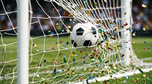 A soccer ball flies into the goal net with confetti falling on the green field during a sports event.