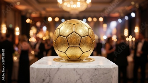 Golden soccer ball trophy on marble pedestal at awards ceremony with people.