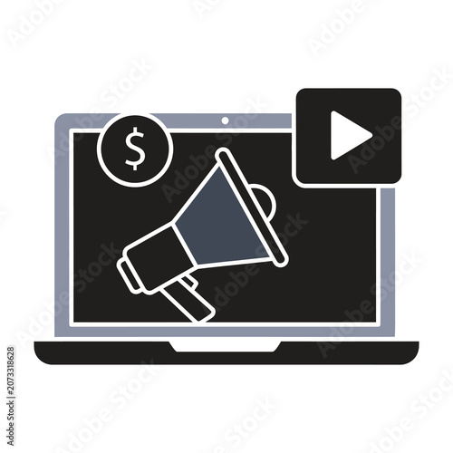 Digital Marketing Strategy Icon Featuring Laptop with Megaphone and Dollar Sign